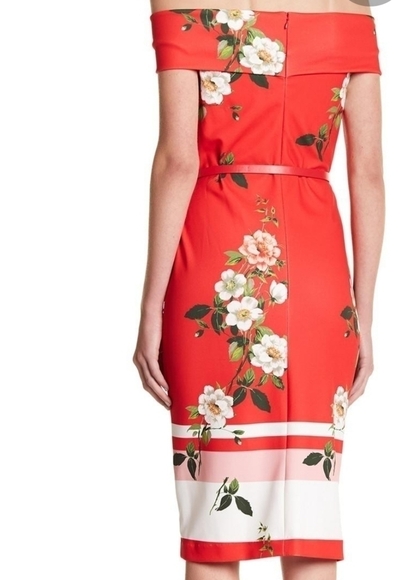 𝅺Sharagano Red Multi Off The Shoulder Dress - Picture 2 of 8